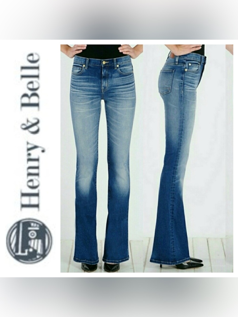 Henry & Belle Medium Wash High Waisted Flare Jeans in Distressed Blue Size 28